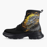 Casual Leather Chunky Boots Chinese Dragon Black Gold Graphic