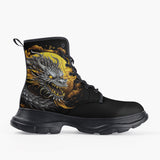 Casual Leather Chunky Boots Chinese Dragon Black Gold Graphic