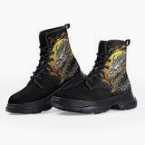 Casual Leather Chunky Boots Chinese Dragon Black Gold Graphic