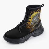 Casual Leather Chunky Boots Chinese Dragon Black Gold Graphic