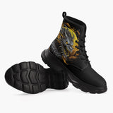 Casual Leather Chunky Boots Chinese Dragon Black Gold Graphic