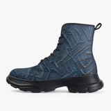 Casual Leather Chunky Boots Abstract Blue Denim Cloth Print