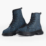 Casual Leather Chunky Boots Abstract Blue Denim Cloth Print