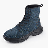 Casual Leather Chunky Boots Abstract Blue Denim Cloth Print