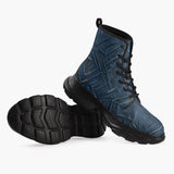 Casual Leather Chunky Boots Abstract Blue Denim Cloth Print