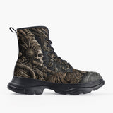 Casual Leather Chunky Boots Mayan Skull Carved Stone Wall Art