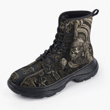Casual Leather Chunky Boots Mayan Skull Carved Stone Wall Art