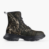 Casual Leather Chunky Boots Mayan Skull Carved Stone Wall Art