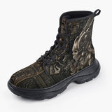 Casual Leather Chunky Boots Mayan Skull Carved Stone Wall Art