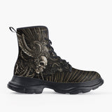 Casual Leather Chunky Boots Mayan Skull Carved Stone Wall Art