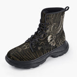 Casual Leather Chunky Boots Mayan Skull Carved Stone Wall Art