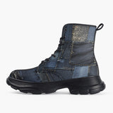 Casual Leather Chunky Boots Blue Jeans Patchwork