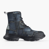 Casual Leather Chunky Boots Blue Jeans Patchwork
