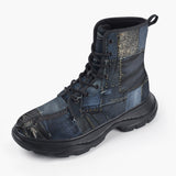 Casual Leather Chunky Boots Blue Jeans Patchwork