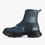 Casual Leather Chunky Boots Blue Denim Patchwork