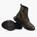 Casual Leather Chunky Boots Engraved Bronze Bird Artwork