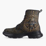Casual Leather Chunky Boots Gold Aztec Skull Art