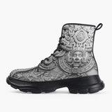 Casual Leather Chunky Boots White 3D Aztec Temple Ornament
