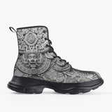 Casual Leather Chunky Boots White 3D Aztec Temple Ornament