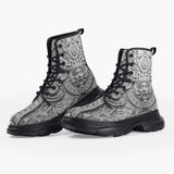 Casual Leather Chunky Boots White 3D Aztec Temple Ornament