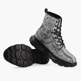 Casual Leather Chunky Boots White 3D Aztec Temple Ornament