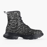 Casual Leather Chunky Boots Metal Mask Mayan Art
