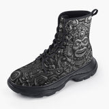 Casual Leather Chunky Boots Metal Mask Mayan Art