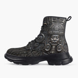 Casual Leather Chunky Boots Metal Mask Aztec Art