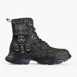 Casual Leather Chunky Boots Metal Mask Aztec Art