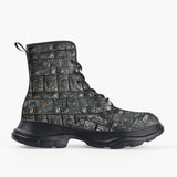 Casual Leather Chunky Boots Mayan Art Metal Ornaments