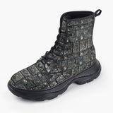 Casual Leather Chunky Boots Mayan Art Metal Ornaments