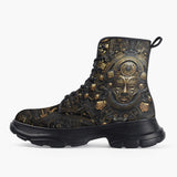 Casual Leather Chunky Boots Mayan Art Gold Mask