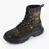 Casual Leather Chunky Boots Mayan Art Gold Mask