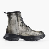 Casual Leather Chunky Boots Vintage Grungy Newspaper