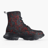 Casual Leather Chunky Boots Red and Black Geometric Abstraction