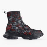 Casual Leather Chunky Boots Red and White Graffiti