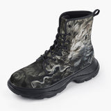 Casual Leather Chunky Boots Dual Plaster Lion Heads