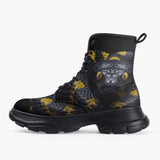 Casual Leather Chunky Boots Black Snake with Yellow Stripes