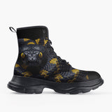 Casual Leather Chunky Boots Black Snake with Yellow Stripes