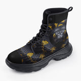 Casual Leather Chunky Boots Black Snake with Yellow Stripes
