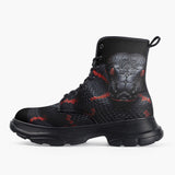 Casual Leather Chunky Boots Black Snake with Red Stripes