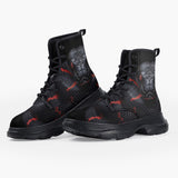 Casual Leather Chunky Boots Black Snake with Red Stripes