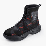 Casual Leather Chunky Boots Black Snake with Red Stripes