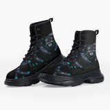 Casual Leather Chunky Boots Black Snake with Blue Green Dots