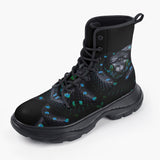 Casual Leather Chunky Boots Black Snake with Blue Green Dots