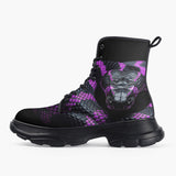 Casual Leather Chunky Boots Black Snake with Purple Stripes