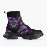 Casual Leather Chunky Boots Black Snake with Purple Stripes