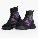 Casual Leather Chunky Boots Black Snake with Purple Stripes