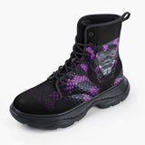 Casual Leather Chunky Boots Black Snake with Purple Stripes