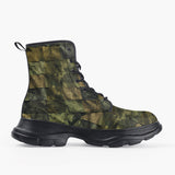 Casual Leather Chunky Boots Army Green Camo Patchwork